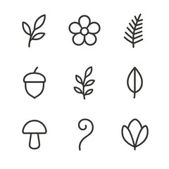 Botanical Line Icons. Outline icon set of botanical motifs: leaf sprig, flower bloom, fern frond, acorn, branch twig, seed pod,