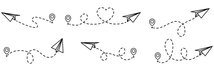 Paper planes routes with dotted line collection. Flying planes path with start point. Travel concept. Vector illustration isolated on white.