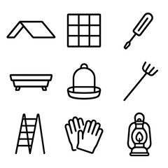 Chicken Coop Maintenance Icons. Outline icon set of chicken coop maintenance: coop roof, wire mesh panel, screwdriver, feed tray,