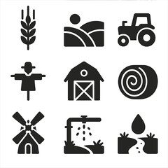 Barley Field Icon Set. Solid, filled icon set of barley field scenery: barley stalk, rolling hill, tractor, scarecrow, barn, hay