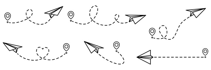 Paper planes routes with dotted line collection. Flying planes path with start point. Travel concept. Vector illustration isolated on white.