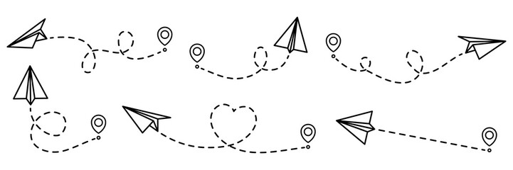 Paper planes routes with dotted line collection. Flying planes path with start point. Travel concept. Vector illustration isolated on white.