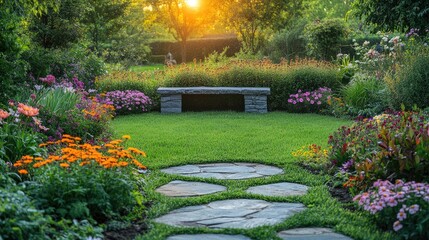 Lush garden landscape with stone path leading to a tranquil stone bench, featuring vibrant flowerbeds and manicured green lawn under the soft glow of sunlight, evoking serenity and natural beauty.