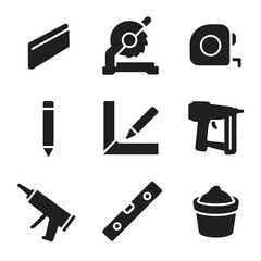 Baseboard Installation Icons. Solid, filled icon set of installing baseboards along the walls: baseboard strip, miter saw,