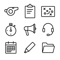 Coaching Tools Icons. Outline icon set of coaching and instruction tools: whistle, clipboard, tactics board, stopwatch, megaphone,