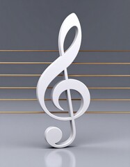 3d white treble clef, music key on gray background with golden lines, minimalist aesthetic design