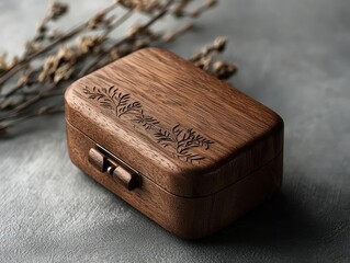 Sleek wooden music box with stylish engraved patterns, a minimalist handle, and a warm natural wood finish