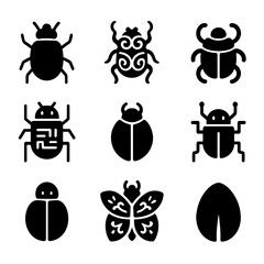 Fototapeta premium Beetle Icons Grid. Solid, filled icon set of beetle-inspired design: beetle silhouette, tribal beetle, tech beetle, scarab symbol,
