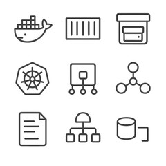 Container Icon Set. Outline icon set of containerization: docker container, container image, registry, Kubernetes pod, node,