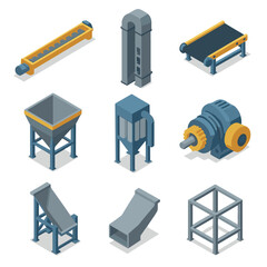 Conveyor System Icons. Isometric Flat icon set of bulk material conveyors: screw conveyor, bucket elevator, belt feeder, hopper,