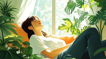 A peaceful scene features a woman relaxing indoors amidst lush green plants, bathed in sunlight, creating a serene and tranquil atmosphere of comfort and well-being.