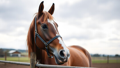 Fototapeta premium Portrait of brown racing horse on the farm-, professional photography. White tone