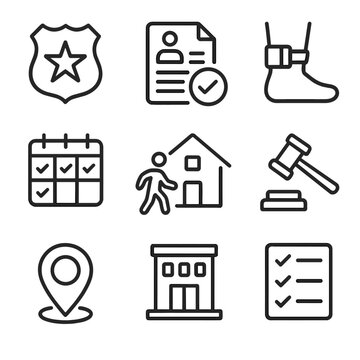 Community Supervision Icons. Outline icon set of community supervision and parole: parole officer badge, parole agreement document