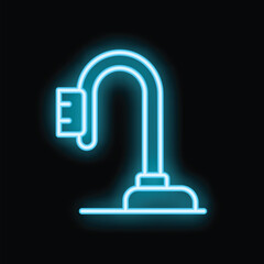 Blue neon icon of a vacuum cleaner glowing on a dark background