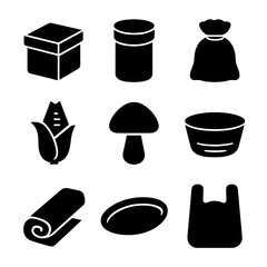 Biodegradable Packaging Icons. Solid, filled icon set of biodegradable packaging: paper box, cardboard tube, jute sack, cornstarch