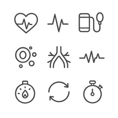 Cardiovascular Icon Set. Outline icon set of cardiovascular responses to exercise: beating heart, elevated pulse icon, blood
