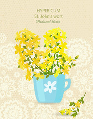 banner with a cup of blooming Hypericum perforatum flowers. card with tutsan wildflowers in a blue mug. medicinal herbal St. John's wort on vintage background