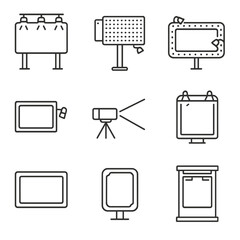Billboard Lighting Icons. Outline icon set of billboard and ad lighting: floodlit billboard, LED display panel, scrolling marquee,