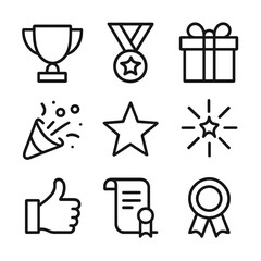 Celebration Icon Set. Outline icon set of reward and celebration: trophy cup, medal, gift box, confetti burst, star, firework