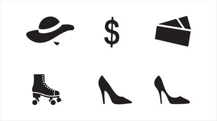Obraz premium Black glyph illustrations showcasing fashion items like a summer hat alongside investment icons.