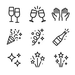 Fototapeta premium Celebration Icon Set. Outline icon set of celebratory toasts: champagne flutes, clinking glasses, raised hands, speech bubble