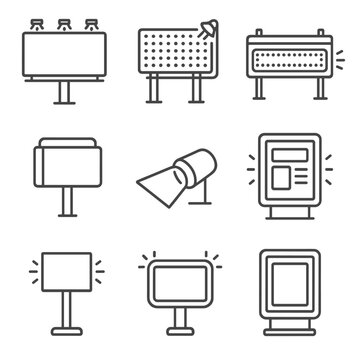 Billboard Lighting Icons. Outline icon set of billboard and ad lighting: floodlit billboard, LED display panel, scrolling marquee,