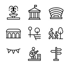 Civic Icons Collection. Outline icon set of civic gathering spaces: central plaza fountain, town hall portico, open-air