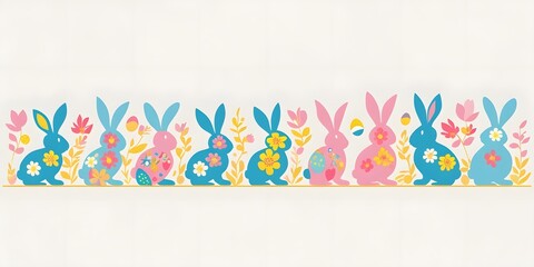 A whimsical illustration featuring a series of silhouette rabbits adorned with vibrant floral patterns and colorful Easter eggs