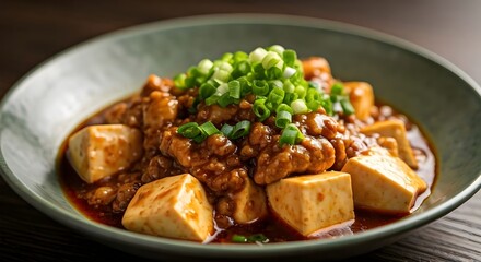 Delicious Chinese Mapo Tofu with Pork and Scallions, side view