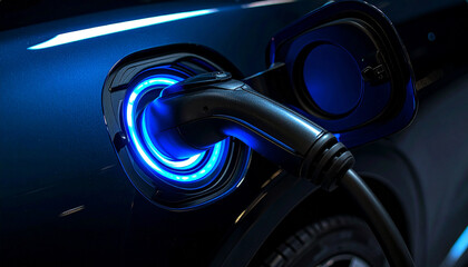 Electric Vehicle Charging: A close-up shot of a futuristic electric vehicle being charged, illuminating its connection with a radiant blue light.