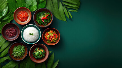 Top-down view reveals an artful arrangement of colorful Asian dishes in bowls, led among vibrant green tropical leaves against a dark green backdrop of freshness.