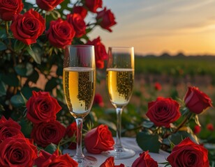 A glass of champagne against a bright field of red roses at sunset