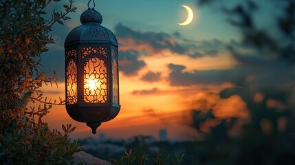 Ramadan lantern glows against a beautiful sunset sky with crescent moon, evoking a feeling of peace, spirituality, and cultural celebration in this atmospheric scene.