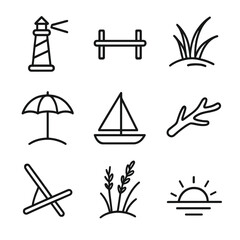 Fototapeta premium Coastal Icon Set. Outline icon set of coastal landscape features: lighthouse, wooden pier, dune grass, beach umbrella, sailboat