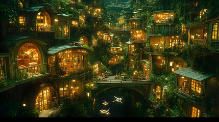 Lush fantasy village with glowing windows nestles in verdant foliage, reflections shimmer on the water below