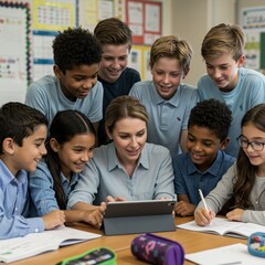 Fototapeta premium Diverse Elementary Students and Teacher Collaborate on Tablet in Classroom