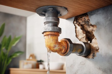 Water Leaking from a Damaged Pipe inside a Modern Home with Interior Damage
