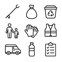 Community Cleanup Icon Set. Outline icon set of family community cleanup: litter grabber, trash bag, recycling bin, parent child