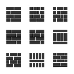 Brick and Ski Icons. Solid, filled icon set of architectural brick patterns: running bond, herringbone, basket weave, stack bond,