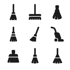 Broom Icon Collection. Solid, filled icon set of types of brooms: traditional broom, push broom, whisk broom, corn broom, angled