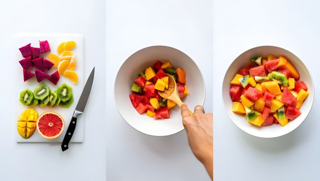 Preparing a vibrant and healthy fruit salad with dragon fruit kiwi mango and watermelon