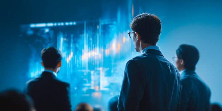 Digital Business Conference with Executives Presenting IPO Details on Holographic Screens and Market Valuation Figures