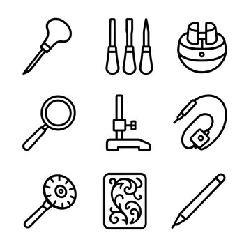Engraving Tools Icons. Outline icon set of engraving tools and techniques: burin, gravers, engraving block, magnifying loupe,