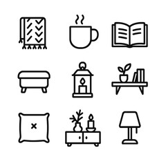 Corner Comfort Icons. Outline icon set of corner comfort essentials: knitted throw, tea mug, open book, footrest, lantern candle,