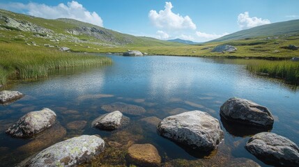 Serene mountain lake reflects the sky, surrounded by a green meadow landscape, clear water reveals rocks under the surface, a tranquil scene ideal for nature lovers and outdoor enthusiasts.