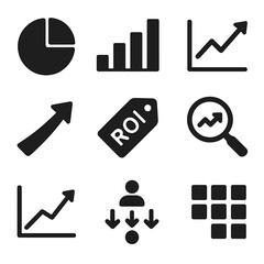 Campaign Tracking Icons. Solid, filled icon set of campaign performance tracking: pie chart, bar graph, line graph, upward arrow,