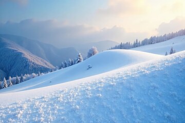Mesmerizing Snow-Covered Hill A Serene Winter Landscape of Sparkling Snowflakes Under Soft Light
