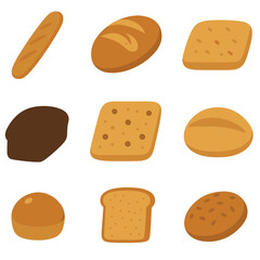Bread Icon Grid. Flat icon set of bread varieties: baguette, sourdough loaf, ciabatta, rye bread, focaccia, pita pocket, brioche
