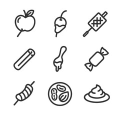 Campfire Dessert Icons. Outline icon set of Campfire desserts: roasted apples, chocolate-dipped fruit, campfire pie iron, cinnamon