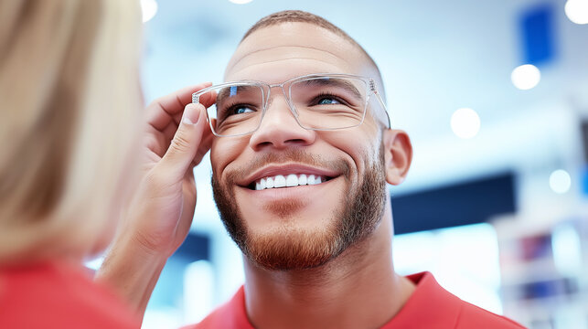 Friendly optician adjusts glasses on smiling customer during a personalized eyewear fitting experience in a modern store setting